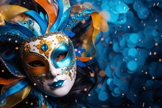 Carnival mask with orange blue decorations around blue confetti, banner space for your own content. Carnival outfits, masks and decorations. A time of fun and celebration before the fast.