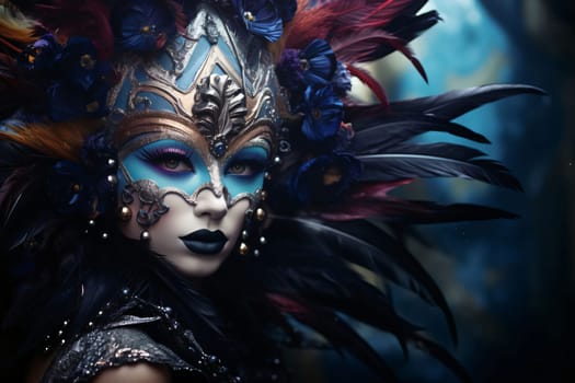 Woman in carnival costume with colorful mask with decorations and long feathers and flowers, blurred background. Carnival outfits, masks and decorations. A time of fun and celebration before the fast.