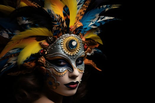 Woman in carnival mask with Colorful Feathers on black background. Carnival outfits, masks and decorations. A time of fun and celebration before the fast.