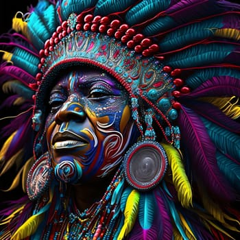 Painted colorfully rainbow decorated with feathers face of Indian chief, carnival costume. Carnival outfits, masks and decorations. A time of fun and celebration before the fast.