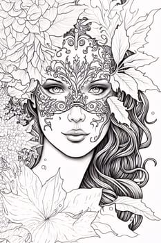 Black and white coloring sheet; girl in carnival mask, around leaves. Carnival outfits, masks and decorations. A time of fun and celebration before the fast.