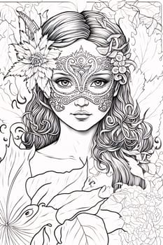 Black and white coloring sheet; girl in carnival mask, around leaves. Carnival outfits, masks and decorations. A time of fun and celebration before the fast.