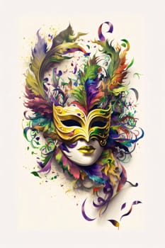 Painted colorful gold carnival mask, Serpentines, feathers on white background. Carnival outfits, masks and decorations. A time of fun and celebration before the fast.