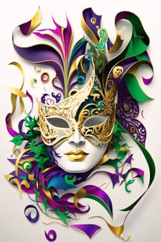 Painted colorful gold carnival mask, Serpentines, feathers on white background. Carnival outfits, masks and decorations. A time of fun and celebration before the fast.