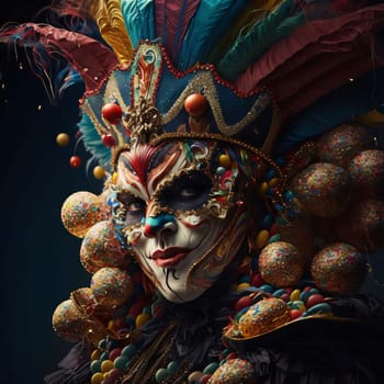 A figure in a carnival costume with a large mask with rich decorations, balls and feathers. Carnival outfits, masks and decorations. A time of fun and celebration before the fast.