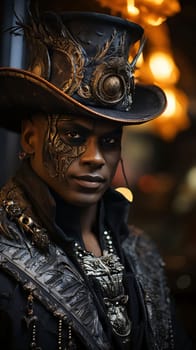 Black man in carnival costume with metal ornaments. Carnival outfits, masks and decorations. A time of fun and celebration before the fast.