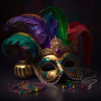 Gold eye mask with rich, colorful decorations, feathers on a dark background. Carnival outfits, masks and decorations. A time of fun and celebration before the fast.