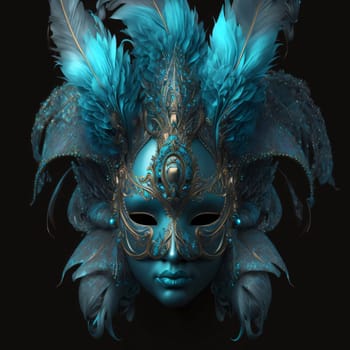 Carnival mask with gold ornaments and blue feathers on black background. Carnival outfits, masks and decorations. A time of fun and celebration before the fast.