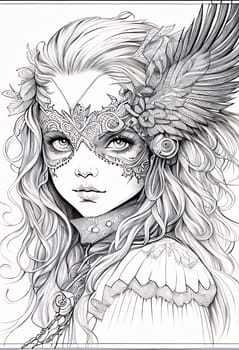 Black and white coloring sheet of a girl in a carnival mask. Carnival outfits, masks and decorations. A time of fun and celebration before the fast.