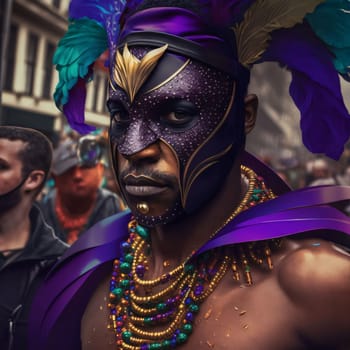 Black man in mask with ornaments at carnival party. Carnival outfits, masks and decorations. A time of fun and celebration before the fast.