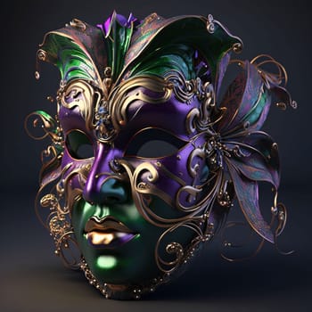 Gold purple mask with rich ornaments on dark background. Carnival outfits, masks and decorations. A time of fun and celebration before the fast.