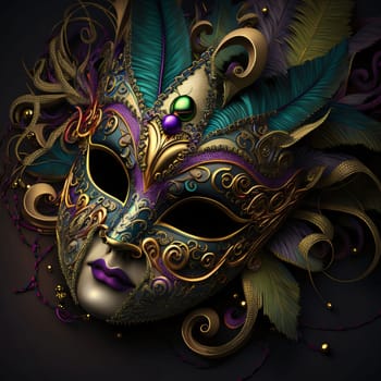 Carnival mask, feminine with gold decorations. Carnival outfits, masks and decorations. A time of fun and celebration before the fast.