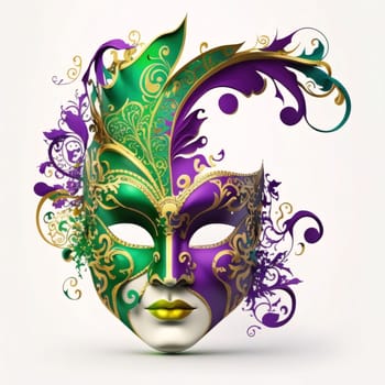 Blue and purple women's mask with rich decorations on a white background. Carnival outfits, masks and decorations. A time of fun and celebration before the fast.