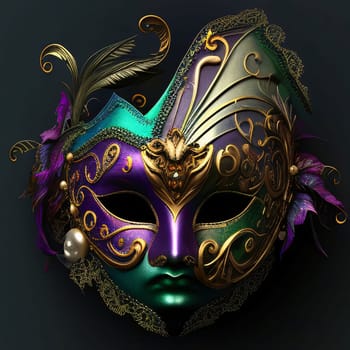 Colorful carnival mask with gold ornaments on a dark background. Carnival outfits, masks and decorations. A time of fun and celebration before the fast.
