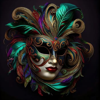 Colorful carnival mask with gold ornaments on a dark background. Carnival outfits, masks and decorations. A time of fun and celebration before the fast.