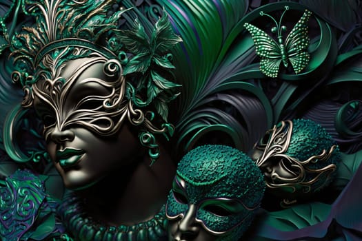 Richly decorated carnival masks. Carnival outfits, masks and decorations. A time of fun and celebration before the fast.