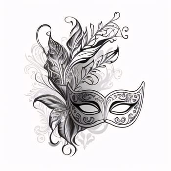 Black and White eye mask decorated with twigs with leaves. Carnival outfits, masks and decorations. A time of fun and celebration before the fast.