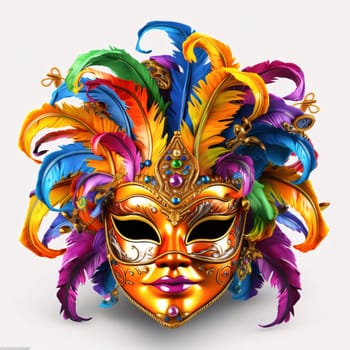 Gold carnival mask with colorful rainbow decorations, feathers on white isolated background. Carnival outfits, masks and decorations. A time of fun and celebration before the fast.