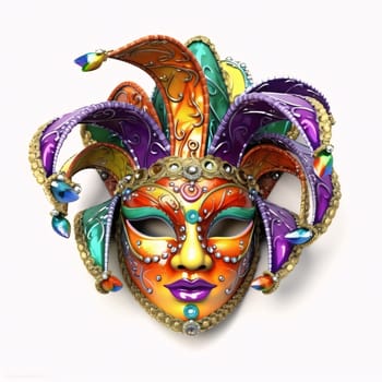 Gold carnival mask with colorful rainbow decorations, feathers on white isolated background. Carnival outfits, masks and decorations. A time of fun and celebration before the fast.