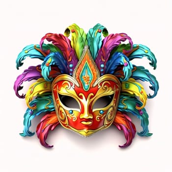 Gold carnival mask with colorful rainbow decorations, feathers on white isolated background. Carnival outfits, masks and decorations. A time of fun and celebration before the fast.