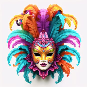 Gold carnival mask with colorful rainbow decorations, feathers on white isolated background. Carnival outfits, masks and decorations. A time of fun and celebration before the fast.