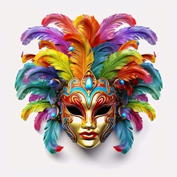 Gold carnival mask with colorful rainbow decorations, feathers on white isolated background. Carnival outfits, masks and decorations. A time of fun and celebration before the fast.
