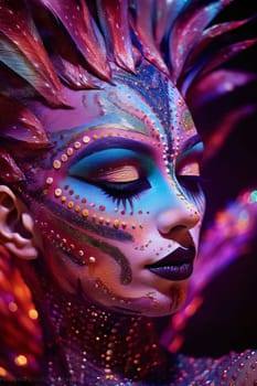 Close-up view of a woman's face painted for a carnival party. Carnival outfits, masks and decorations. A time of fun and celebration before the fast.