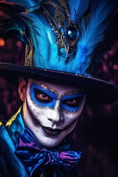 A man with a painted face during a carnival party wearing a hat with blue diamond feathers. Carnival outfits, masks and decorations. A time of fun and celebration before the fast.