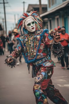 A man in painted and decorated colorful costume on the street during the carnival. Carnival outfits, masks and decorations. A time of fun and celebration before the fast.