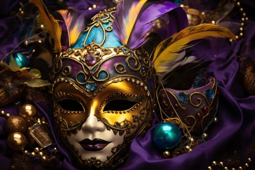 Carnival gold mask with rich decorations, colorful feathers, beads. Carnival outfits, masks and decorations. A time of fun and celebration before the fast.