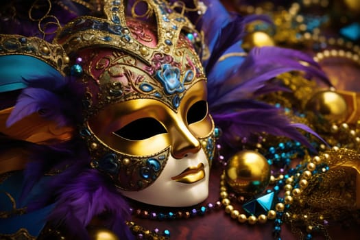 Carnival gold mask with rich decorations, colorful feathers, beads. Carnival outfits, masks and decorations. A time of fun and celebration before the fast.