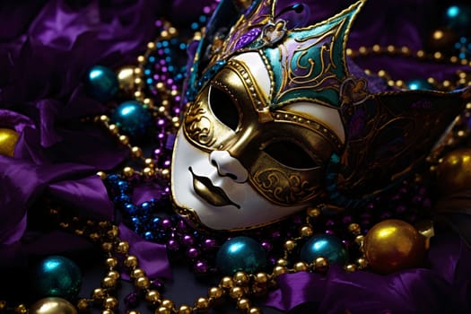 Carnival gold mask with rich decorations, colorful feathers, beads. Carnival outfits, masks and decorations. A time of fun and celebration before the fast.