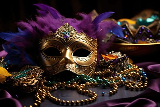 Carnival gold mask with rich decorations, colorful feathers, beads. Carnival outfits, masks and decorations. A time of fun and celebration before the fast.
