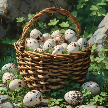 A plantbased wicker basket filled with locally sourced quail eggs rests on the grass. The natural food storage basket is made from wood, creating a picturesque scene