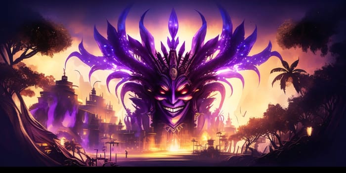 A sinister face over the city, purple colors. Carnival outfits, masks and decorations. A time of fun and celebration before the fast.