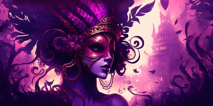 Banner, woman on purple background with gold mask with ornaments, illustration. Carnival outfits, masks and decorations. A time of fun and celebration before the fast.
