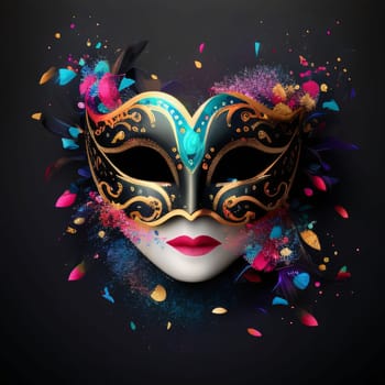 Dark eye mask, around scattered colorful confetti dark background. Carnival outfits, masks and decorations. A time of fun and celebration before the fast.