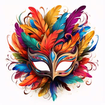 Carnival eye mask with colorful feathers, white isolated background. Carnival outfits, masks and decorations. A time of fun and celebration before the fast.