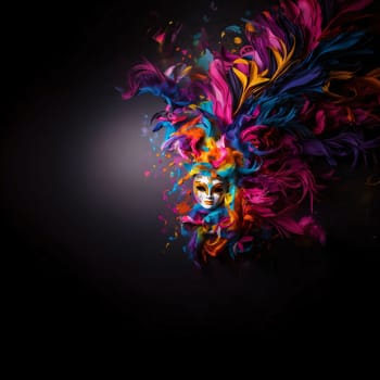 Carnival mask decorated with colorful rainbow ornaments, feathers on a dark background, to about space for your own content. Carnival outfits, masks and decorations. A time of fun and celebration before the fast.