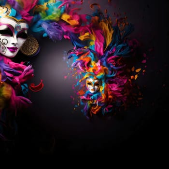 Carnival mask decorated with colorful rainbow ornaments, feathers on a dark background, to about space for your own content. Carnival outfits, masks and decorations. A time of fun and celebration before the fast.