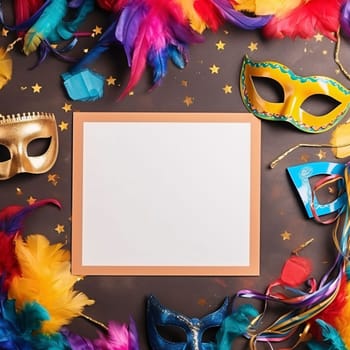 White blank card with space for your own content around carnival masks, colorful feathers, serpentine confetti. Carnival outfits, masks and decorations. A time of fun and celebration before the fast.