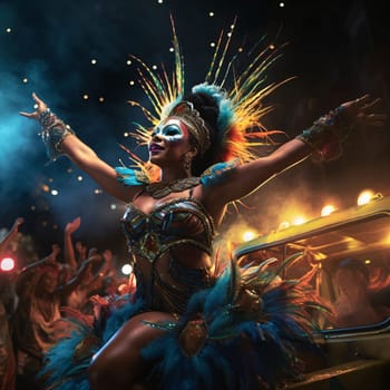 Black woman in a skimpy outfit at a carnival party at night. Carnival outfits, masks and decorations. A time of fun and celebration before the fast.