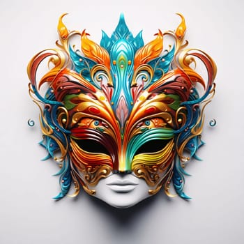 Carnival mask with rich colorful decorations on white isolated background. Carnival outfits, masks and decorations. A time of fun and celebration before the fast.