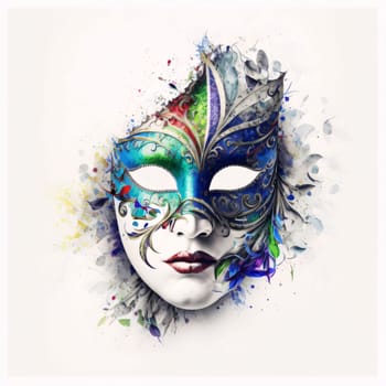 Colorful rainbow carnival mask on face concept disintegrating white background. Carnival outfits, masks and decorations. A time of fun and celebration before the fast.