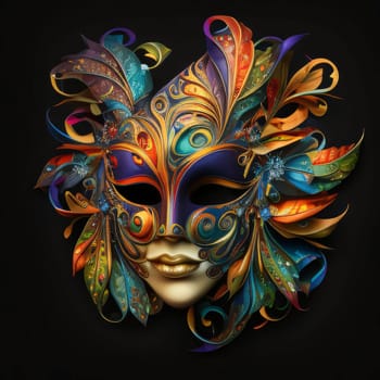 Decorated colorful carnival mask with feathers, black background. Carnival outfits, masks and decorations. A time of fun and celebration before the fast.