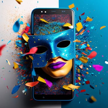 Black screen on a smartphone, on it a face with a carnival mask around colored confett. Carnival outfits, masks and decorations. A time of fun and celebration before the fast.