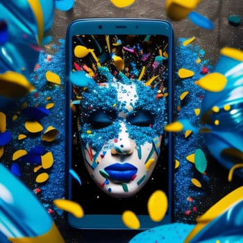 Black screen on a smartphone, on it a face with a carnival mask around colored confett. Carnival outfits, masks and decorations. A time of fun and celebration before the fast.