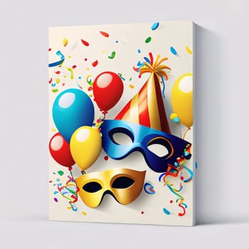 Carnival card with colorful streamers, confetti, balloons, masks. Carnival outfits, masks and decorations. A time of fun and celebration before the fast.