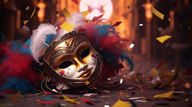 Carnival mask lying on the ground with colorful feathers around falling colorful confetti. Carnival outfits, masks and decorations. A time of fun and celebration before the fast.