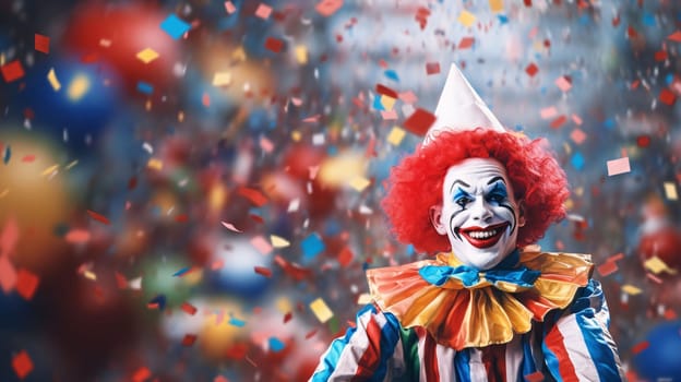 A clown in a colorful, funny costume all around smeared balloons, falling colorful confetti banner with a space for its own content. Carnival outfits, masks and decorations. A time of fun and celebration before the fast.